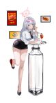  1girl absurdres alternate_costume bare_legs black_footwear black_skirt blue_archive braid breasts closed_mouth collared_shirt cup drinking_glass eugle_na eyewear_on_head food grey_hair halo haruna_(blue_archive) highres leaning_forward leaning_on_table long_hair long_sleeves looking_at_viewer miniskirt necktie pencil_skirt photo_(object) picture_frame pink_eyes red_eyes shirt shoe_dangle shoes short_necktie side_braid simple_background single_wing skirt smile solo sunglasses thighs tinted_eyewear white_background white_shirt wings 