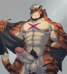  2023 anthro balls bao_xiao_bao beard biceps body_hair bottomless brown_hair brown_stripes chest_markings claws clothed clothing deltoids erection facial_hair felid finger_claws fur genitals hair hairy_balls hi_res male mammal markings meocondainhan multicolored_body multicolored_fur muscular muscular_anthro muscular_male navel obliques orange_body orange_fur pantherine pawpads pecs penis pubes purple_eyes purple_markings removing_shirt solo standing striped_body striped_fur stripes taking_off_shirt tan_body tan_fur tan_hair tiger triceps two_tone_body two_tone_fur undressing vein veiny_penis 