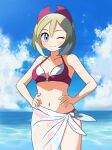  1girl absurdres beach bikini blonde_hair bob_cut hairband hands_on_own_hips highres irida_(pokemon) midriff mikan_(mikan_no_happa) navel pokemon pokemon_(game) pokemon_legends:_arceus red_bikini red_hairband solo swimsuit 