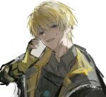  1boy absurdres black_jacket blonde_hair blood blood_on_face blue_eyes collared_shirt fingerless_gloves gloves grey_shirt hand_up highres jacket long_sleeves male_focus nijisanji nokoru_sora open_mouth shirt simple_background smile solo sonny_brisko virtual_youtuber white_background yellow_gloves 