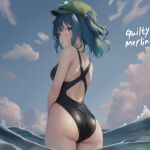  1girl artist_name ass black_one-piece_swimsuit blue_eyes blue_hair blue_sky cloud competition_swimsuit day from_behind green_headwear guilty_merlin kawashiro_nitori looking_back medium_hair ocean one-piece_swimsuit outdoors sidelocks sky solo swimsuit touhou twintails two_side_up wading 