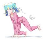  1girl ahoge all_fours arm_support arrow_(symbol) barefoot blonde_hair blue_hair cat closed_eyes closed_mouth commentary_request dolldolldd full_body highres korean_commentary long_hair long_sleeves multicolored_hair myamu pajamas pants pink_pajamas pink_pants pink_shirt pretty_series shirt simple_background solo streaked_hair stretching twintails waccha_primagi! white_background 