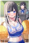  1girl bare_shoulders black_hair blue_bow blue_bowtie blue_eyes bow bowtie breasts dual_persona hair_between_eyes highres large_breasts long_hair looking_at_viewer mizukoshi_(marumi) navel open_mouth original pom_pom_(cheerleading) school_uniform translation_request 