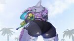  bikini blizzard_entertainment borisalien breasts butt butt_focus clothing female glistening glistening_butt hi_res machine meka_(overwatch) metallic_body nipple_outline not_furry overwatch pink_body robot simple_background solo swimwear toy toy_gun water water_gun 