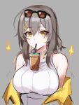  1girl bare_shoulders breasts bubble_tea bubble_tea_challenge closed_mouth cup disposable_cup drinking drinking_straw eyewear_on_head grey_background grey_hair hair_between_eyes hair_ornament hairpin highres honkai:_star_rail honkai_(series) jacket large_breasts long_hair looking_at_viewer mini2chainz open_clothes open_jacket sidelocks simple_background sleeveless sleeveless_sweater solo star_(symbol) stelle_(honkai:_star_rail) sunglasses sweat sweater trailblazer_(honkai:_star_rail) turtleneck turtleneck_sweater white_sweater x_hair_ornament yellow_eyes yellow_jacket 