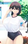  1boy 1girl absurdres black_shorts blue_eyes bottle branch breasts brown_hair gym_shirt gym_shorts gym_uniform highres holding holding_bottle holding_towel large_breasts leaf looking_to_the_side medium_hair original shiki_(psychedelic_g2) shirt shorts smile solo_focus sweat towel wiping_face wiping_sweat 