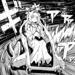  1girl blue_archive blunt_bangs blush breasts closed_mouth commentary drifting flower full_body gloves hair_flower hair_ornament halo headband himari_(blue_archive) initial_d jacket long_hair moeki_yuuta monochrome motion_lines parody pointy_ears road sitting small_breasts smug solo street uniform wheelchair 
