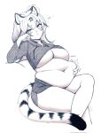  2023 animal_humanoid belly big_breasts bottomwear breasts cakecatboy clothing crossed_legs dialogue felid felid_humanoid female hand_on_stomach hi_res huge_breasts huge_thighs humanoid kiera_(cowszers) looking_at_viewer mammal mammal_humanoid markings navel overweight overweight_female overweight_humanoid pantherine pantherine_humanoid shirt shorts signature simple_background sitting solo sound_effects striped_markings striped_tail stripes tail tail_markings text thick_thighs tiger_humanoid topwear under_boob watermark 