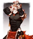  1boy abs absurdres arknights bara detached_sleeves furry furry_male hair_tie hair_tie_in_mouth highres horns hung_(arknights) looking_at_viewer mmorroxzks monochrome_background mouth_hold mythological_creature pectorals shirt single_horn skin_tight sleeveless sleeveless_shirt twitter_username tying_hair 