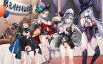  4girls :d amiya_(arknights) arknights arm_under_breasts bar_censor bare_shoulders belt biting blue_eyes blush boots bottle breasts brown_hair buffet cake censored chaps chicken_(food) chicken_leg chocolate_cake corked_bottle feet_out_of_frame fingerless_gloves food gladiia_(arknights) gloves grey_hair hair_over_one_eye hat highres holding holding_party_popper holding_tray jewelry large_breasts leg_lift leg_ribbon leotard long_hair looking_at_another looking_at_viewer multiple_girls multiple_rings nipple_cutout nipples no_bra no_panties one_breast_out open_mouth own_hands_clasped own_hands_together party_popper pussy red_eyes revealing_clothes ribbon ring see-through see-through_leotard shorts single_fingerless_glove skadi&#039;s_seaborn_(arknights) skadi_(arknights) skadi_the_corrupting_heart_(arknights) small_breasts smile specter_(arknights) standing string thigh_boots tray ware_fu_zeshiki_okami 