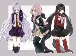  3girls alternate_hair_ornament arms_behind_back black_hair black_jacket black_thighhighs brown_necktie cropped_feet danganronpa:_trigger_happy_havoc danganronpa_(series) danganronpa_2:_goodbye_despair danganronpa_v3:_killing_harmony hair_ornament hair_scrunchie hairclip hanada_isuzu harukawa_maki highres hood hood_down hooded_jacket jacket kirigiri_kyoko long_hair medium_hair miniskirt multiple_girls nanami_chiaki necktie open_clothes open_jacket pink_hair pleated_skirt purple_jacket purple_skirt red_eyes red_scrunchie red_thighhighs scrunchie skirt smile striped striped_background thighhighs twintails white_background zettai_ryouiki 