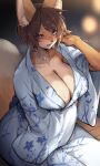  3:5 absurd_res anthro asian_clothing big_breasts big_ears blue_eyes blush breasts brown_hair canid canine chair cleavage clothed clothing curvy_figure east_asian_clothing facial_blush female fluffy_ears fox fur furniture hair hana_(keep0621) hi_res high-angle_view inner_ear_fluff japanese_clothing kemono mammal multicolored_body on_chair short_hair sitting sitting_on_chair solo suurin_2 tuft yellow_body yukata 