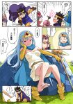  1boy blue_hair boots breasts cape circlet closed_mouth dragon_quest dragon_quest_iii dress elbow_gloves fighter_(dq3) gloves imaichi long_hair looking_at_viewer multiple_girls open_mouth red_eyes roto_(dq3) sage_(dq3) smile staff sword weapon 