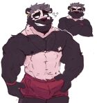  2023 abs anthro bandage bear beard black_and_white_fur bottomwear bulge clothed clothing crossed_arms ear_piercing facial_hair fur giant_panda grey_hair grin grumpy hair hi_res male mammal mrpandhew multiple_images muscular muscular_anthro muscular_male nipples pandhew piercing portrait red_bottomwear red_clothing red_shorts shorts simple_background smile solo three-quarter_portrait topless wristband 