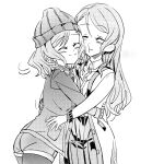  2girls bang_dream! braid buttons closed_eyes coat collared_shirt commentary_request cutoff_jeans cutoffs greyscale hand_on_another&#039;s_waist hat highres hug jacket junjun_(kimi-la) long_hair medium_hair monochrome multiple_girls nuzzle pantyhose pleated_skirt shirt siblings sisters skirt twin_braids twins 