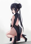  1girl absurdres ass back_cutout black_dress black_gloves black_hair blue_archive breasts china_dress chinese_clothes clothing_cutout dress from_behind full_body gloves grey_eyes hair_bun halo high_heels highres holding_own_arm kisaki_(blue_archive) lavriell long_hair looking_at_viewer looking_back on_one_knee parted_lips pelvic_curtain short_dress side_slit soles solo thighs tiptoes twintails very_long_hair white_background 