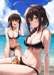  2girls :d adjusting_hair ahoge beach between_thighs bikini black_bikini blue_bikini blue_eyes blue_sky braid breasts brown_hair can cleavage cloud collarbone fanta fubuki_(kancolle) green_eyes hair_between_eyes hair_over_shoulder highres huge_ahoge ichikawa_feesu kantai_collection kneeling large_breasts long_hair looking_at_viewer medium_hair multiple_girls navel ocean official_alternate_costume outdoors product_placement shigure_(kancolle) short_ponytail side-tie_bikini_bottom single_braid sitting sky smile swimsuit 