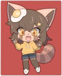  abyssaullllfish blue_shorts brown_hair fried_egg furry furry_female highres jacket open_mouth original red_panda red_panda_ears red_panda_girl red_panda_tail shorts white_footwear yellow_eyes yellow_jacket 