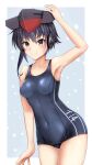 1girl asymmetrical_hair black_hair blue_one-piece_swimsuit breasts brown_eyes collarbone cowboy_shot hair_between_eyes highres i-14_(kancolle) kantai_collection mesera one-piece_swimsuit open_mouth school_swimsuit small_breasts smile solo swimsuit 
