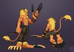  2022 absurd_res anthro bandai_namco big_hands claws clothed clothing digimon digimon_(species) digital_media_(artwork) feet full-length_portrait fur hair hi_res humanoid_feet leomon long_claws longblueclaw male muscular muscular_male piercing plantigrade portrait simple_background solo topless vein 