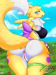  3:4 anthro bandai_namco bodily_fluids breasts butt digimon digimon_(species) female genital_fluids genitals hi_res looking_at_viewer looking_back pussy pussy_juice renamon solo yumiiefox 