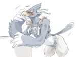  anthro armor avian beak bent_over blue_body blue_feathers blush bottomless breath_of_the_wild clothed clothing feathers male nintendo revali rito solo suggestive_look suggestive_pose the_legend_of_zelda 