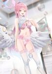  1girl :d blue_archive blurry blurry_background bra breasts bubble cirilla_lin clothes_lift embroidered_bra embroidered_panties garter_belt halo highres large_breasts lifted_by_self long_hair looking_at_viewer low_wings mika_(blue_archive) navel open_mouth panties pink_bra pink_hair pink_panties ponytail shirt_lift smile solo stomach thighhighs underwear very_long_hair white_thighhighs white_wings wing_ornament wings yellow_eyes 