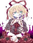  1girl black_shirt blue_eyes breasts doll_joints hair_between_eyes hair_ribbon highres joints looking_to_the_side massakasama medicine_melancholy pipe_in_mouth red_ribbon red_skirt ribbon shirt short_sleeves simple_background skirt smoking_pipe solo touhou white_background 