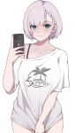  1girl absurdres apple_inc. blush bra_strap braid braided_bangs breasts cellphone clothes_pull collarbone commentary green_eyes grey_hair highres hitozche holding holding_phone hololive hololive_indonesia large_breasts looking_at_viewer naked_shirt off_shoulder open_mouth pavolia_reine phone print_shirt selfie shirt shirt_pull short_hair signature simple_background smartphone solo standing teeth virtual_youtuber white_background white_shirt 