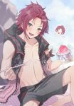  1boy bird black_jacket black_male_swimwear cup ensemble_stars! food green_eyes highres holding holding_cup holding_spoon hood hood_down isara_mao jacket male_focus male_swimwear penguin red_hair reijiro shaved_ice shirt sleeveless sleeveless_shirt solo spoon 