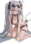 1girl all_fours barefoot bikini black_bikini black_choker blue_archive blush breasts choker cleavage closed_mouth dark-skinned_female dark_skin demon_tail eyes_visible_through_hair eyewear_on_head fanteam foot_out_of_frame grey_hair hair_over_one_eye halo highres iori_(blue_archive) iori_(swimsuit)_(blue_archive) long_hair looking_at_viewer navel pointy_ears red_eyes small_breasts solo stomach sunglasses swimsuit tail thigh_strap twintails very_long_hair 