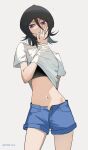  1girl artist_name black_hair bleach clothes_lift cmwl_514 cowboy_shot denim denim_shorts grey_background groin hair_between_eyes hand_on_own_face highres kuchiki_rukia lifted_by_self looking_at_viewer navel shirt shirt_lift short_hair shorts simple_background solo stomach thighs unzipped white_background white_shirt 