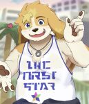  &lt;3 anthro blue_eyes blush canid canine canis clothing domestic_dog floppy_ears hi_res hisaki_(live_a_hero) jewelry lifewonders live_a_hero male mammal necklace pawpads shirt slightly_chubby solo tank_top topwear yamamoribata 
