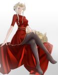  1girl black_pantyhose breasts commentary crossed_legs crown dress edelgard_von_hresvelg english_commentary english_text feet fire_emblem fire_emblem:_three_houses fire_emblem_heroes grin hair_bun highres legs looking_at_viewer no_shoes official_alternate_costume pantyhose pomelomelon purple_eyes red_dress sitting smile solo textless_version toes unworn_armor white_hair 