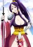  armor breasts cleavage collarbone detached_sleeves earrings facial_mark forehead_mark gauntlets hand_on_own_hip high_ponytail highres hip_bones holding holding_staff jewelry large_breasts lipstick long_hair majo_taisen_chronicle makeup mattari_yufi no_panties open_mouth ponytail purple_hair red_eyes shoulder_armor single_sleeve staff translation_request wide_sleeves wu_zetian_(majo_taisen) 