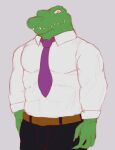  2016 alligator alligatorid anthro athletic belt black_bottomwear black_clothing bottomwear claws clothing crocodilian digital_media_(artwork) finger_claws front_view green_body green_skin grey_background looking_at_viewer male necktie nobodyshouse orange_eyes pants pecs polo_shirt reptile scalie sharp_teeth shirt simple_background solo standing teeth topwear white_clothing white_shirt white_topwear 