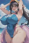  1girl absurdres ahegao ai-generated armpits beach blue_eyes blush breasts cameltoe covered_nipples curvy highres huge_breasts large_breasts nipples non-web_source one-piece_swimsuit panties plump swimsuit thick_thighs thighs underwear wet wet_clothes wet_panties 