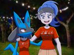  2023 4:3 ambiguous_gender anthro bailey_(knight-of-syrinx) black_body black_fur blue_body blue_eyes blue_fur blue_hair clothing digital_media_(artwork) duo english_text eye_contact female fingers fur generation_4_pokemon hair hi_res human knight-of-syrinx looking_at_another lucario mammal night nintendo orange_clothing orange_eyes outside pokemon pokemon_(species) smile snaggle_tooth tail tan_body tan_fur teeth text tongue 