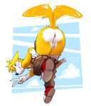  2023 absurd_res anthro anus backsack balls bottomwear bottomwear_down canid canine clothed clothing flying fox fur genitals hi_res kapri looking_at_viewer looking_back male mammal miles_prower pants pants_down partially_clothed sega solo sonic_the_hedgehog_(series) white_body white_fur yellow_body yellow_fur 
