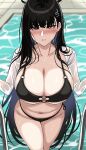  1girl bikini black_bikini black_hair blue_archive blurry blurry_background blush breasts cleavage collarbone commentary_request halo hella_p highres korean_commentary large_breasts long_sleeves navel parted_lips pool red_eyes rio_(blue_archive) shirt solo swimsuit water wet white_shirt 