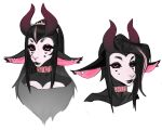  anthro black_body black_ears black_hair black_lips black_sclera bust_portrait clothing ear_tuft female front_view glistening glistening_eyes hair headgear headwear hi_res horn lips looking_at_viewer mouth_closed narrowed_eyes pink_eyes pink_hair portrait red_horn shermugi simple_background solo tuft white_background white_body 