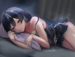  1girl bare_arms bare_shoulders bed black_camisole black_hair black_shorts blurry blurry_background breasts camisole collarbone commentary_request cowboy_shot curtains dolphin_shorts drawstring grey_eyes hair_between_eyes half-closed_eyes hands_up head_rest highres indoors light_blush light_smile long_hair looking_at_viewer love_live! love_live!_nijigasaki_high_school_idol_club lying mated medium_breasts midriff_peek on_bed on_side parted_lips pillow short_shorts shorts solo strap_slip yuuki_setsuna_(love_live!) 