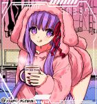  1girl bb_(fate) bb_(fate/extra) blush breasts cup fate/grand_order fate_(series) hair_ribbon highres hood hooded_sweater izumi_minami large_breasts licking_lips long_hair looking_at_viewer mug pajamas pink_shorts pink_sweater purple_eyes purple_hair red_ribbon ribbon shorts smile solo sweater tongue tongue_out very_long_hair 