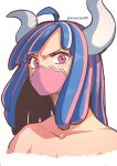  1girl ahoge aosora2823 artist_name bare_shoulders blue_hair breasts cleavage collarbone glaring highres horns looking_at_viewer mask mouth_mask multicolored_hair nude one_piece pink_eyes pink_hair pink_mask solo twitter_username two-tone_hair upper_body 