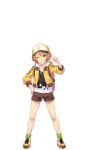  1girl baseball_cap brown_eyes brown_hair brown_shorts character_name cowboy_shot emblem grass grin hand_on_own_hip hat highres hood hooded_jacket jacket official_art one_eye_closed open_clothes open_jacket outdoors pointing pointing_at_self satake_mei short_eyebrows short_hair short_shorts shorts simple_background smile solo sparkle tachi-e thick_eyebrows transparent_background umamusume yellow_jacket 