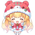  1girl ^_^ animal_ears bear_ears blonde_hair blush bow buttons chibi closed_eyes commentary_request double_v facing_viewer hair_between_eyes hair_ornament hands_up haruchimo hat_ornament highres hood hood_up long_hair open_mouth pom_pom_(clothes) red_bow santa_costume sidelocks simple_background smile solo star_(symbol) star_hat_ornament summer_pockets tsumugi_wenders twintails v white_background white_wrist_cuffs x_hair_ornament 