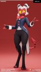  anthro clothing helluva_boss hi_res horn imp latex male moxxie_(helluva_boss) moxxie_(valorlynz) red_body red_bow_tie rubber suit valorlynz yellow_eyes 