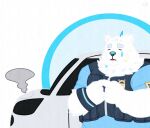  anthro blue_clothing bodily_fluids canid canine canis car clothing crying domestic_dog eyebrows fur hi_res lifewonders live_a_hero male mammal solo tears thick_eyebrows topwear vehicle vest white_body white_fur white_night06 yohack 