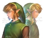  2boys back-to-back bangs blonde_hair blue_eyes brown_hair brown_shirt closed_mouth dual_persona from_side green_eyes green_headwear green_tunic la_sera_art link multiple_boys pointy_ears profile shirt short_hair sidelocks simple_background the_legend_of_zelda the_legend_of_zelda:_a_link_to_the_past white_background zelda_ii:_the_adventure_of_link 