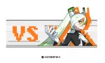  1girl artist_name black_coat closed_mouth coat extraspiky fighting_miku_(project_voltage) gloves green_hair hatsune_miku long_hair multicolored_hair necktie orange_hair pixel_art pokemon project_voltage simple_background solo upper_body very_long_hair vocaloid vs white_gloves white_hair white_necktie 
